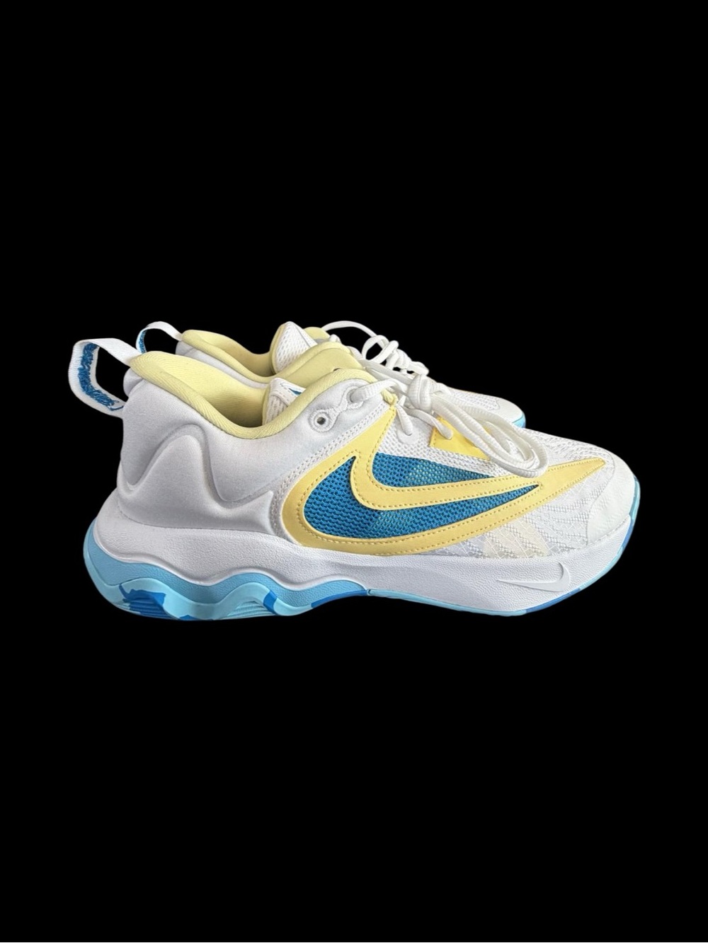 Nike Kids White Sneakers with Yellow and Blue Swoosh
